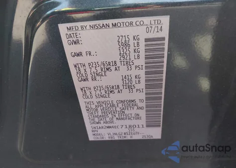 2014 Nissan Pathfinder Sl z USA, uszkodzony, nr VIN 5N1AR2MM4EC718011